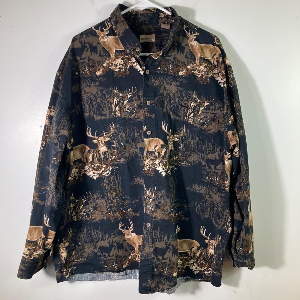 Mens Rugged Earth Outfitters Long Sleeve Button Shirt Buck Hunting 2XL Black Tan